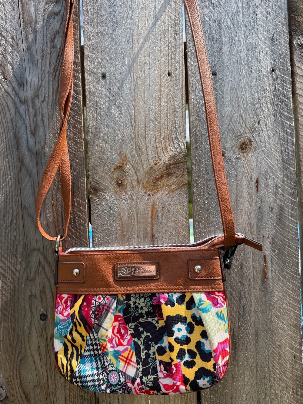 Lilly bloom Colorful Patchwork Crossbody Bag with Brown Trim